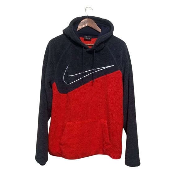 Nike Men's Sherpa Fleece Hoodie Sz M Black Red Color Block Large Swoosh Logo - Picture 1 of 14